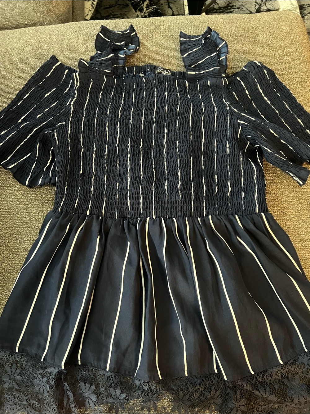 Off-Shoulder Navy Blue Striped Smocked Blouse